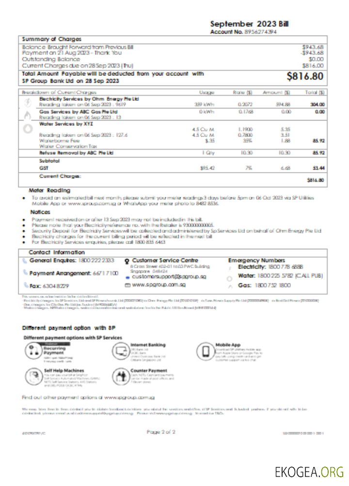 Facture d'entreprise de services publics du Groupe SP, SCR, page 2